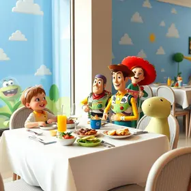 almoço de Dia das Crianças com personagens de Toy Story